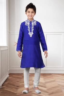 Royal Blue Art Silk Embroidery Kids Boys Kurta Pyjama 1