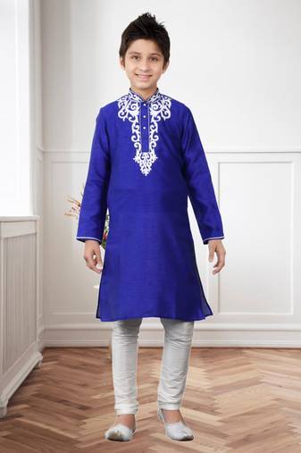 Royal Blue Art Silk Embroidery Kids Boys Kurta Pyjama