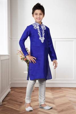 Royal Blue Art Silk Embroidery Kids Boys Kurta Pyjama 2