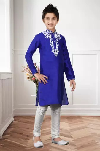 Royal Blue Art Silk Embroidery Kids Boys Kurta Pyjama