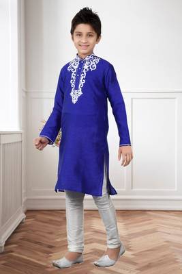 Royal Blue Art Silk Embroidery Kids Boys Kurta Pyjama 3