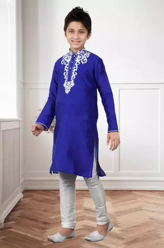 Royal Blue Art Silk Embroidery Kids Boys Kurta Pyjama