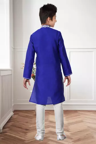 Royal Blue Art Silk Embroidery Kids Boys Kurta Pyjama