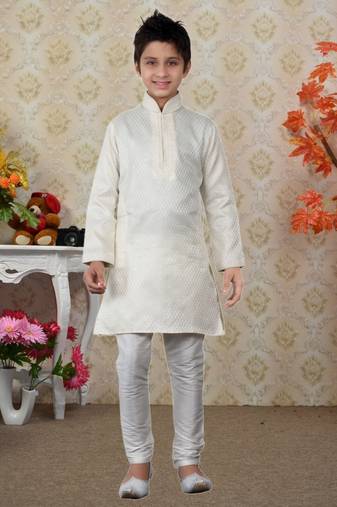 Off White Brocket Embroidery Kids Boys Kurta Pyjama
