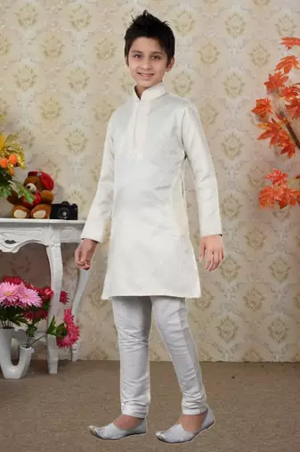 Off White Brocket Embroidery Kids Boys Kurta Pyjama