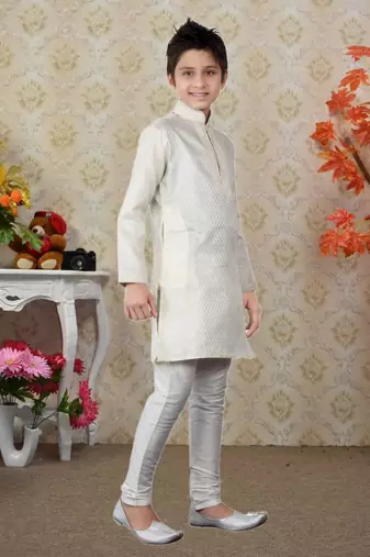 Off White Brocket Embroidery Kids Boys Kurta Pyjama