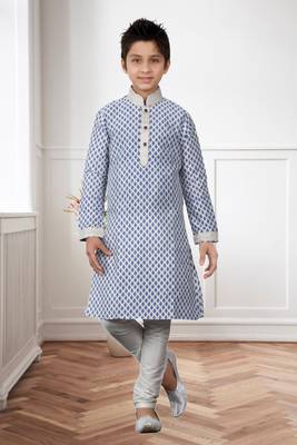 Off White Art Silk Print Kids Boys Kurta Pyjama 1