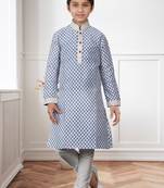 Off White Art Silk Print Kids Boys Kurta Pyjama