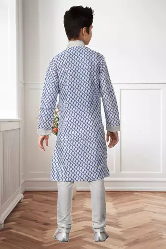 Off White Art Silk Print Kids Boys Kurta Pyjama