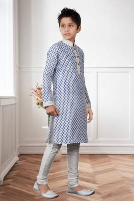 Off White Art Silk Print Kids Boys Kurta Pyjama 3