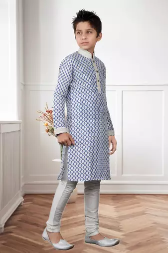Off White Art Silk Print Kids Boys Kurta Pyjama
