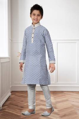 Off White Art Silk Print Kids Boys Kurta Pyjama 4