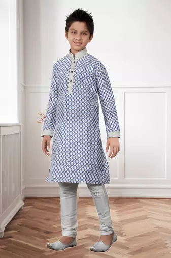 Off White Art Silk Print Kids Boys Kurta Pyjama