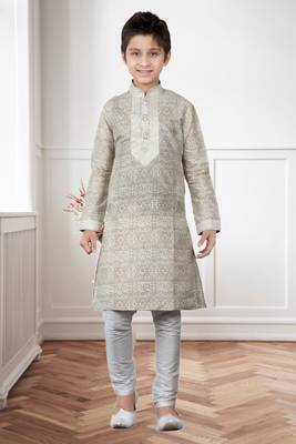 Fawn Art Silk Print Kids Boys Kurta Pyjama 1