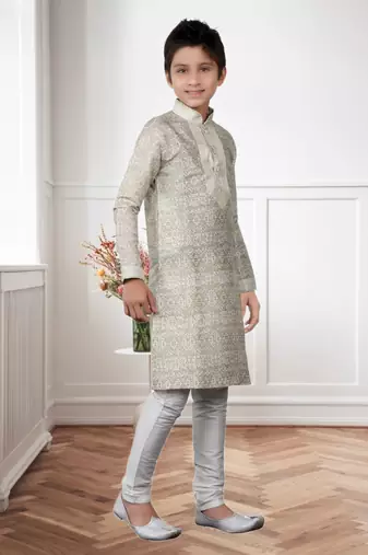 Fawn Art Silk Print Kids Boys Kurta Pyjama