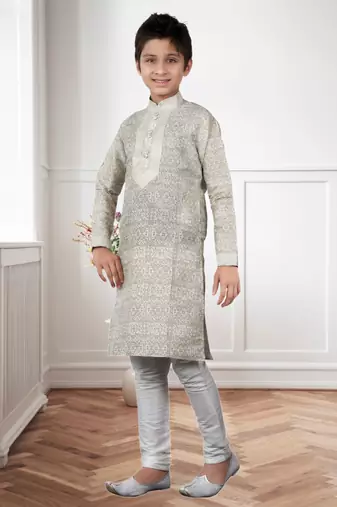 Fawn Art Silk Print Kids Boys Kurta Pyjama