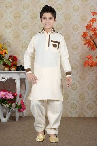 Gold Linen Cotton With Solid Work Kids Boys Pathani