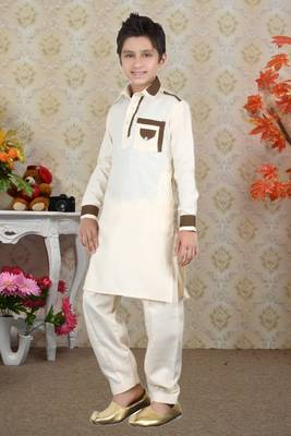 Gold Linen Cotton With Solid Work Kids Boys Pathani 2