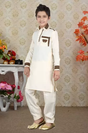Gold Linen Cotton With Solid Work Kids Boys Pathani