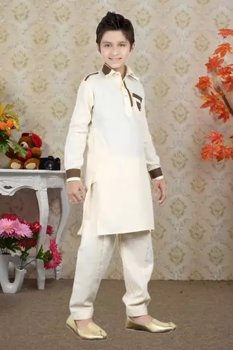 Gold Linen Cotton With Solid Work Kids Boys Pathani