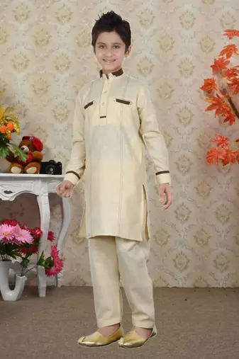 Gold Linen Cotton Pathani With Solid Work Kids Boys Pathani