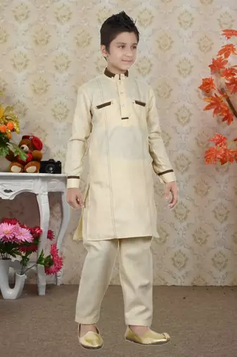 Gold Linen Cotton Pathani With Solid Work Kids Boys Pathani