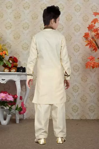 Gold Linen Cotton Pathani With Solid Work Kids Boys Pathani