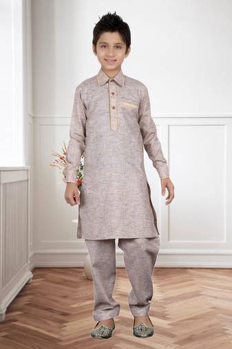 Coffee Grey Linen Cotton Pathani With Solid Work Kids Boys Pathani