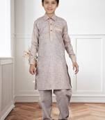 Coffee Grey Linen Cotton Pathani With Solid Work Kids Boys Pathani