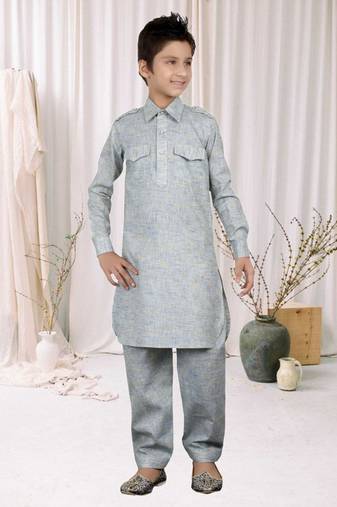 Pista Grey Linen Cotton Pathani With Solid Work Kids Boys Pathani