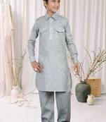 Pista Grey Linen Cotton Pathani With Solid Work Kids Boys Pathani