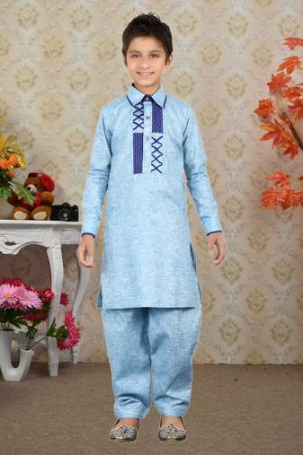 Feeroze Linen Cotton Pathani With Solid Work Kids Boys Pathani