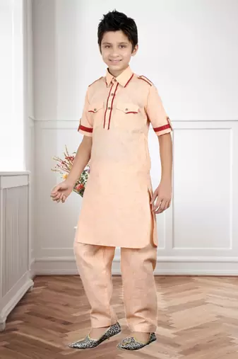 Gajari Linen Cotton Pathani With Solid Work Kids Boys Pathani