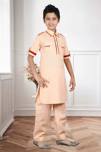 Gajari Linen Cotton Pathani With Solid Work Kids Boys Pathani