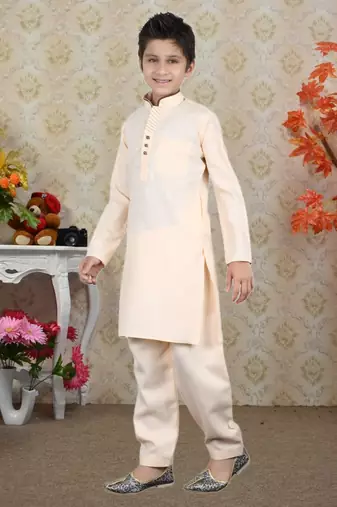 Gold Linen Cotton Pathani With Solid Work Kids Boys Pathani