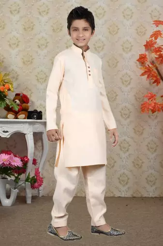 Gold Linen Cotton Pathani With Solid Work Kids Boys Pathani