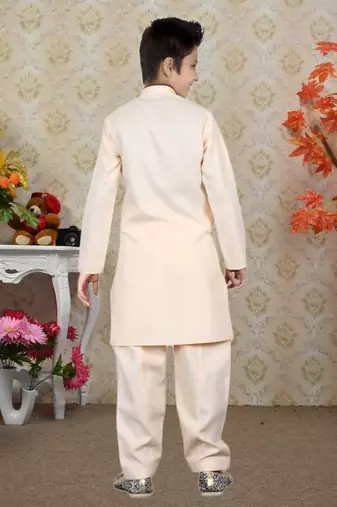 Gold Linen Cotton Pathani With Solid Work Kids Boys Pathani