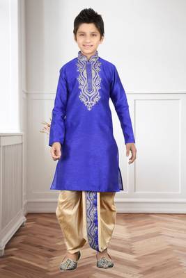 Royal Blue Art Silk Embroidery Kids Boys Dhoti Kurta 1