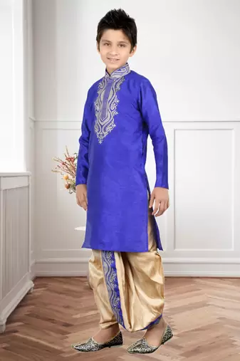 Royal Blue Art Silk Embroidery Kids Boys Dhoti Kurta