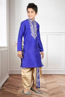 Royal Blue Art Silk Embroidery Kids Boys Dhoti Kurta 3