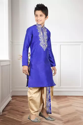Royal Blue Art Silk Embroidery Kids Boys Dhoti Kurta