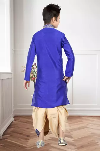Royal Blue Art Silk Embroidery Kids Boys Dhoti Kurta