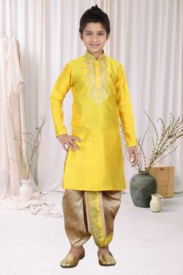 Yellow Art Silk Embroidery Kids Boys Dhoti Kurta 1