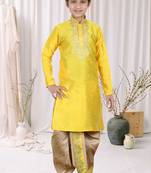 Yellow Art Silk Embroidery Kids Boys Dhoti Kurta
