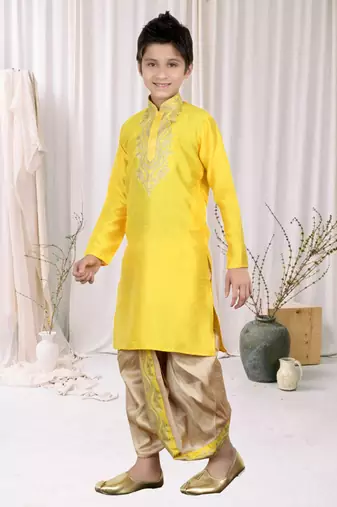 Yellow Art Silk Embroidery Kids Boys Dhoti Kurta