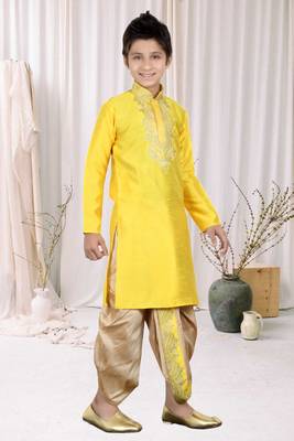 Yellow Art Silk Embroidery Kids Boys Dhoti Kurta 3