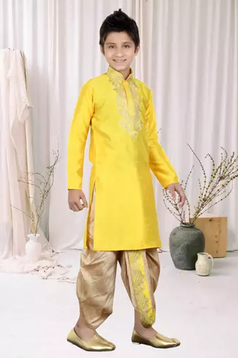 Yellow Art Silk Embroidery Kids Boys Dhoti Kurta