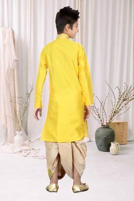 Yellow Art Silk Embroidery Kids Boys Dhoti Kurta 4