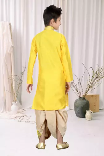 Yellow Art Silk Embroidery Kids Boys Dhoti Kurta