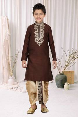 Wine Art Silk Embroidery Kids Boys Dhoti Kurta 1
